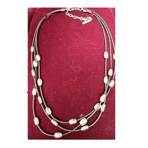 Nine West Necklace Triple Strand Black chord Silver beads